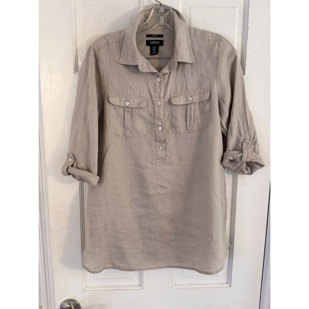 Jones & Co Womens‎ Sz S 100% Linen Long Sleeve Button Up Top Tan Beach